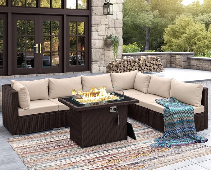NICESOUL 7 Piece Outdoor Patio Furniture Set with Fire Pit Table Natural Gas & Propane Convertible, 29.3'' High Backrest Deep Wide Seating Conversation Sets, Wicker Sectional Couches, Brown & Beige