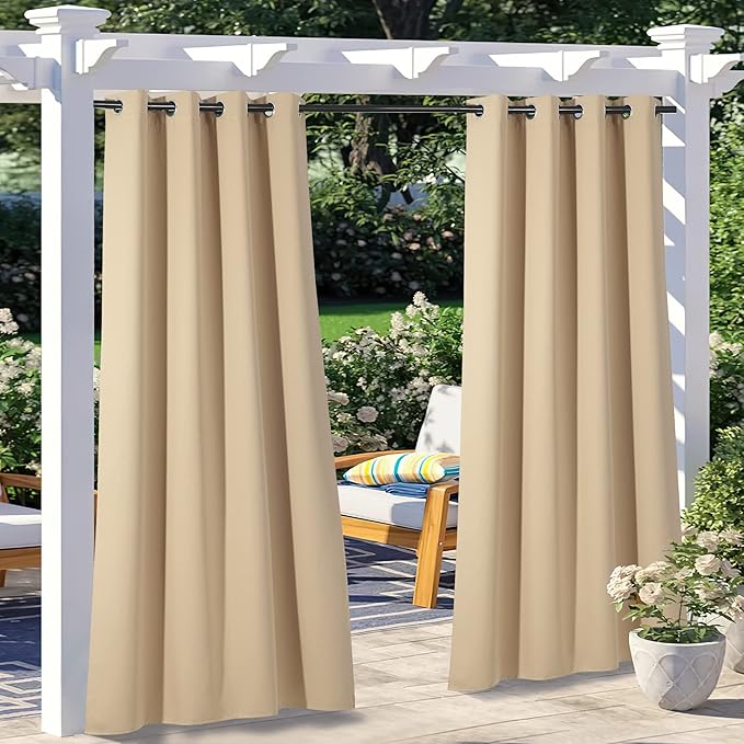 NICETOWN 2 Panels Outdoor Curtains for Patio Waterproof 108" Long, Triple Weave Stainless Steel Silver Grommet Thermal Insulated Privacy Room Darkening for Outdoor Living, Biscotti Beige, W52 x L108
