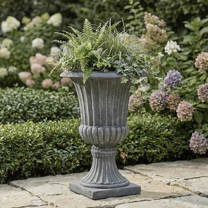 Urn Planters 22", Set of 2, Tall Stone-Resin Pedestal Planters for Outdoor Plants, Large Front Porch Decor, Patio Garden Pots, Outdoor Urns for Entryway, Porch & Deck, Grey Plant Pot