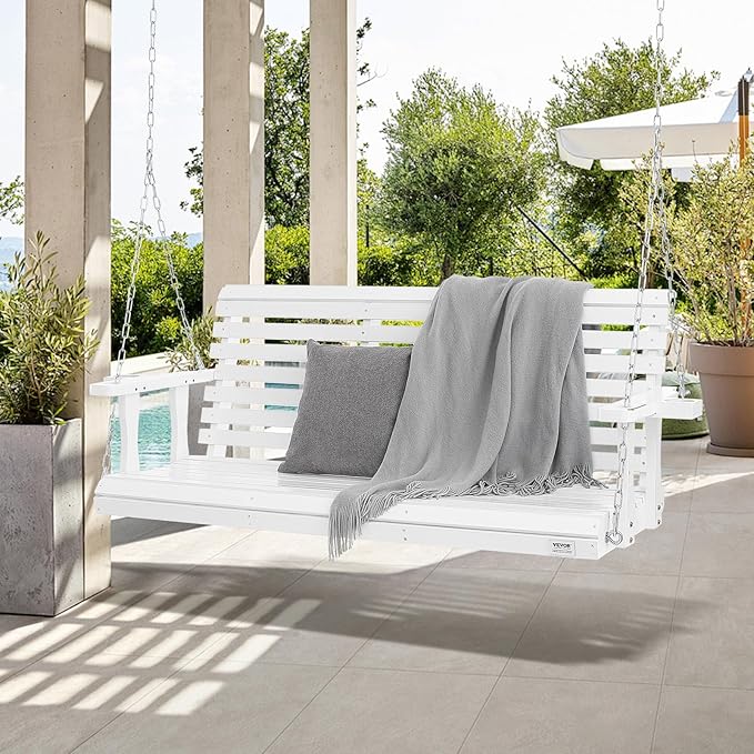 VEVOR Wooden Porch Swing 5.5FT with 2 Side Cup Holders, Heavy Duty 880lbs Patio Swing, Outdoor Swing Hanging Chair, Bench Swing with Adjustable Chains for Front Porch, Yard, Balcony, Garden, White