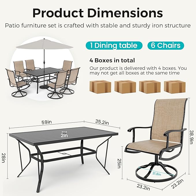 Pamapic 7-Piece Patio Dining Furniture Set with Swivel Chairs, Outdoor Table & 6 Textilene Chairs for Garden, Backyard, Pool, Deck, Beige