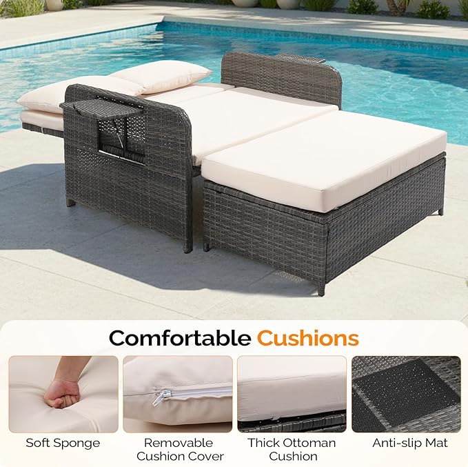 VINGLI Patio Daybed, Wicker Outdoor Daybed with Storage Ottoman & 5-Level Adjustable Backrest, All-Weather Rattan Cushioned Patio Loveseat Sofa for Garden Balcony Backyard (Beige, Gray)