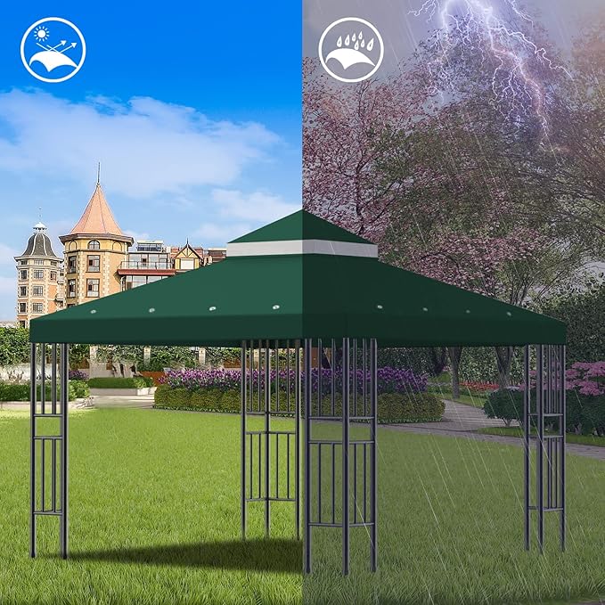 Sumfaller 10x10 FT Gazebo Replacement Canopy Top Double Tiered Canopy Top for Outdoor BBQ Roof Cover Grill Shelter (Green)