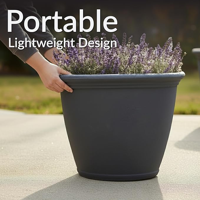 Sunnydaze 20-Inch Anjelica Large Plastic Pot for Plants - Outdoor Double-Walled Large Plastic Planter with Drillable Drainage Holes - Slate