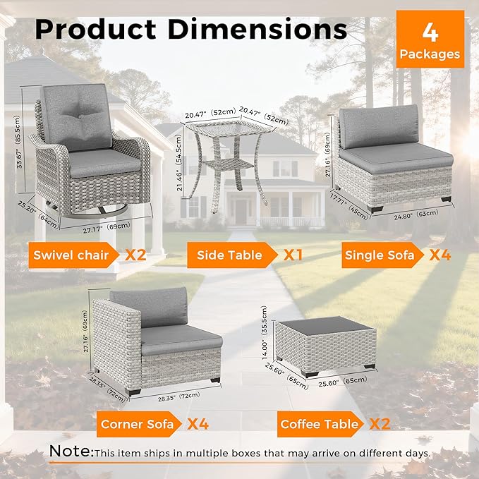 10-Seat Modern Patio Furniture Set with Swivel Rocking Chairs, Thick 4″ Cushions, Dual-Strand Wicker Rattan, Rust-Resistant Steel Frame – Outdoor Conversation & Modular Sectional,Gray
