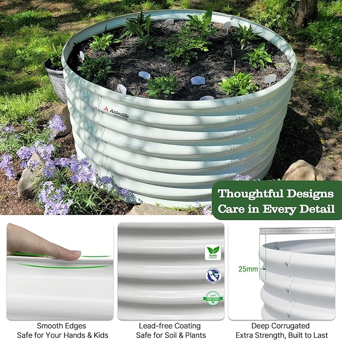 A ANLEOLIFE 2-Pack 3ft x 24” Tall Galvanized Raised Garden Beds Outdoor, Round Metal Planter Box for Planting Vegetables Flowers Herb, Anti-Rust & Easy-Setup, Antique White