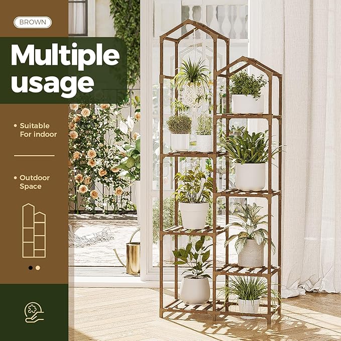 Bamworld Tall Plant Stand Indoor Outdoor Corner Plant Shelf Hanging Plant Holder Wood Flower Stand Plant Decor for Living Room Garden Balcony Patio