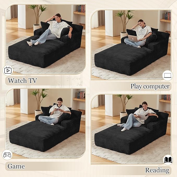 80 Inch Chaise Lounge Chair Indoor, Oversized Corduroy Upholstered Boneless Sofa Bed, Deep Seat Sleeper Couch Reading Chairs, Cloud Sofas Couches for Living Room, No Assembly Required (Black)