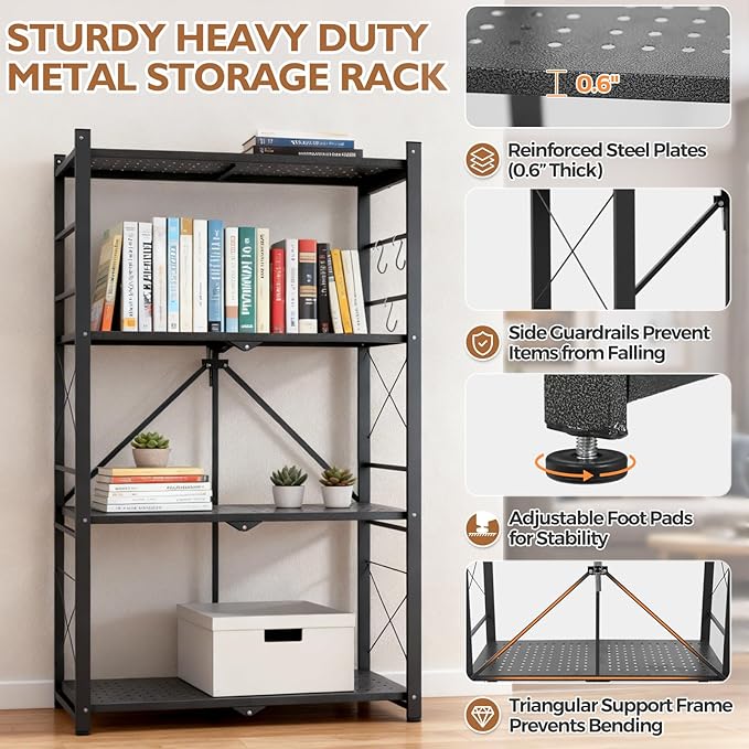 EAGLE PEAK 4-Tier Foldable Greenhouse Shelf, Heavy Duty Metal Storage Rack, No Assembly Steel Shelving Unit, Plant Stand for Greenhouse and Multi-Use Storage, 28”x14.6”x44.7”, 520 lbs, 1 Pack, Black