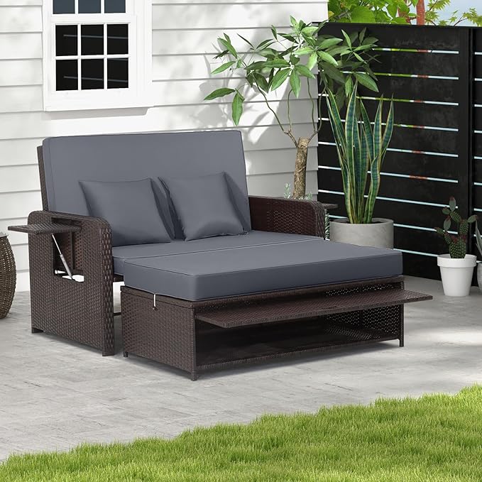 LDAILY Moccha Outdoor Daybed, Wicker Loveseat Sofa Set with 4-Postion Adjustable Backrest, Storage Ottoman, Cushions, Rattan Double Bed Lounger, Patio Furniture Set (Gray)