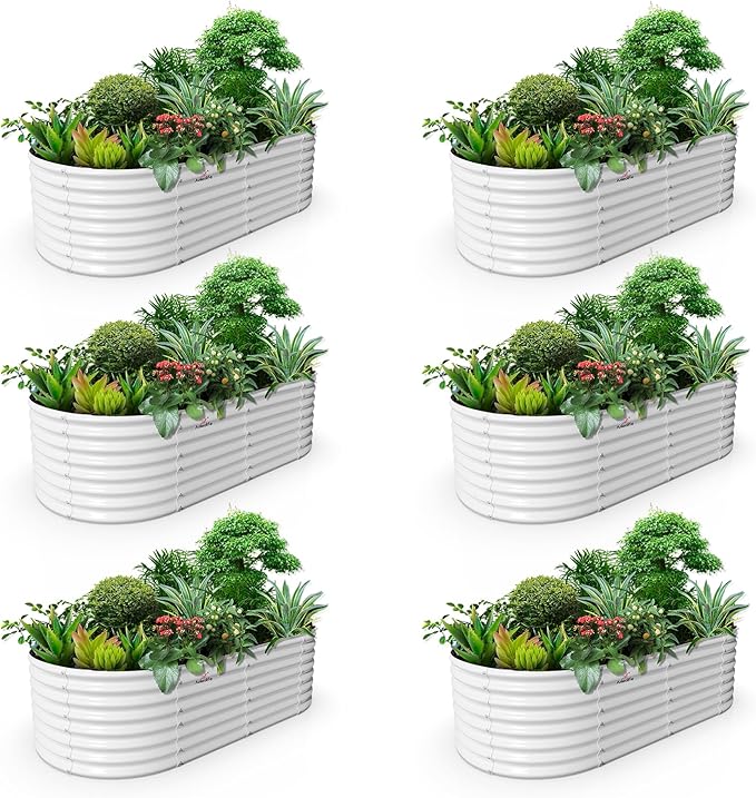 A ANLEOLIFE 6-Set 8X4X2 ft Galvanized Raised Garden Bed Kit, Oval Metal Deep Root Planters for Outdoor Plants, Antique White