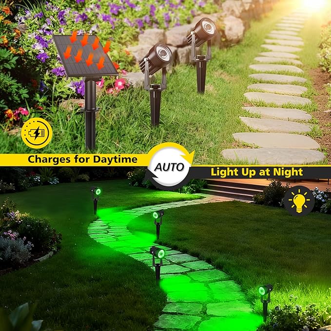 T-SUN Green Solar Spotlights, 2-in-1 Outdoor Waterproof Solar Landscape Spotlights for Garden, Yard, Halloween, Christmas Decor(Green)