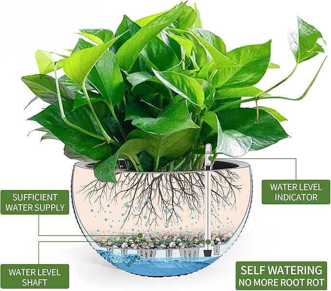 Dexceder 9 Inch Self Watering Hanging Planters Indoor Outdoor, Thickened Hanging Basket Flower Plant Pot with Water Level Indicator (Gray)