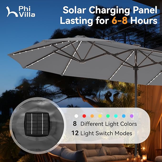 PHI VILLA 13ft Patio Umbrella with 120 PCS Solar-Powered LED Color-Changing Lights, Double-Sided Large Rectanglular Umbrella Outdoor for Table with Crank Lift,Light Grey(No Base)