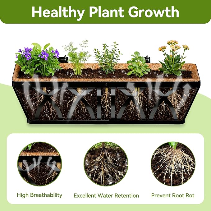 Halatool 2 Pack Heavy-Duty Metal Deck Railing Planter Box, 24 Inch Rust-Resistant Rectangular Window Boxes Planters with Coco Liner & Adjustable Brackets, Grow More On Your Balcony, Patio & Fence