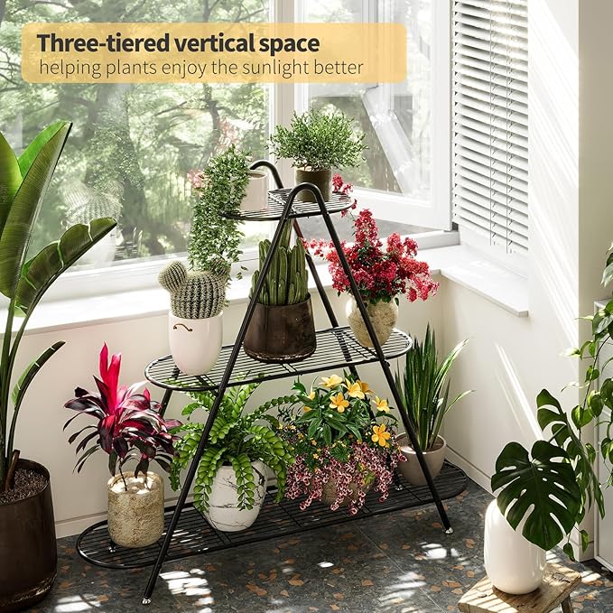 Plant Stand for Patio, 3-Tier Metal Plant Shelf–Indoor/Outdoor Display Rack for Multiple Pots, Heavy Duty Plants, Garden Flower Organizer (Black)