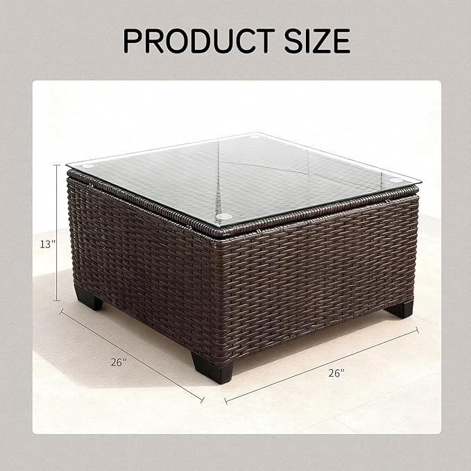 Wicker Patio Furniture - Square Outdoor Coffee Table, with Tempered Glass Tabletop & Rust-Resistant Coated Steel Frame, Compatible with Sectional Sofas, Ideal for Garden, Pool, Balcony, Black