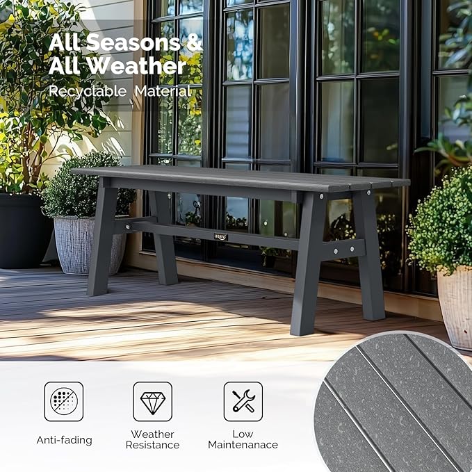 VINGLI 47” Outdoor Bench Garden Bench HDPE Porch Bench w/Metal Legs, Poly Lumber Patio Bench, 660 LBS Capacity Outdoor Backless Bench(Grey)