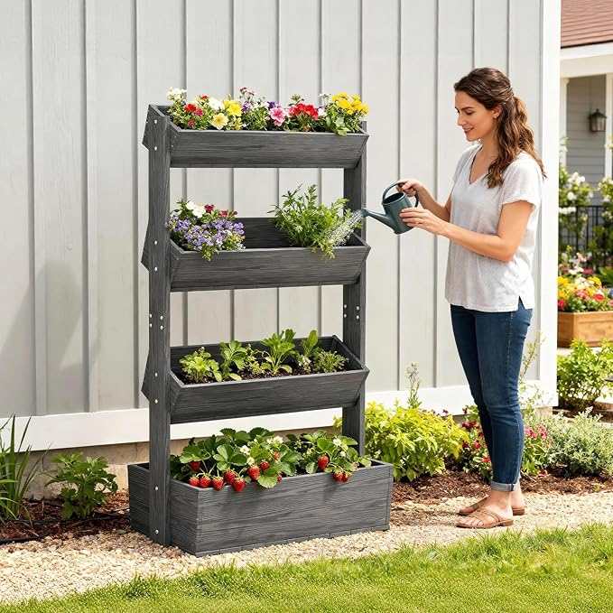 SUNYRISY 4 Tiers Vertical Raised Garden Bed Outdoor Planter Tower, Wooden Freestanding Planter Box for Planting Herbs Flowers Vegetables Patio Balcony Indoor Outdoor Gardening, Grey