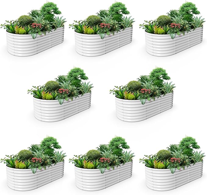 A ANLEOLIFE 8-Set 8X4X2 ft Galvanized Raised Garden Bed Kit, Oval Metal Deep Root Planters for Outdoor Plants, Antique White