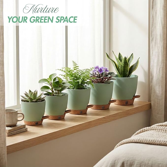 montresor 5 Pack Green 5/5.5/6/6.5/7 Inch Self Watering Planters for Outdoor, Plastic Plant Pots with Wick & Drainage, Small to Medium Indoor Pots for Snake Plant, Aloe
