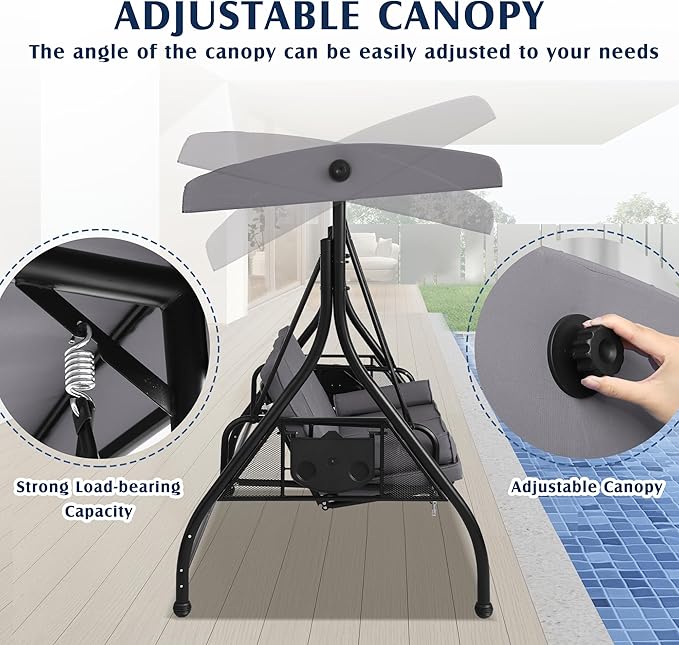 Grepatio Outdoor Porch Swing with Canopy and Stand, 3 Person Patio Swing for Adults, Convertible 2 in 1 Porch Bed Swing with Cup Holder, 3 Seat Swings with 2 Pillow Cushions for Garden, Yard (Grey)