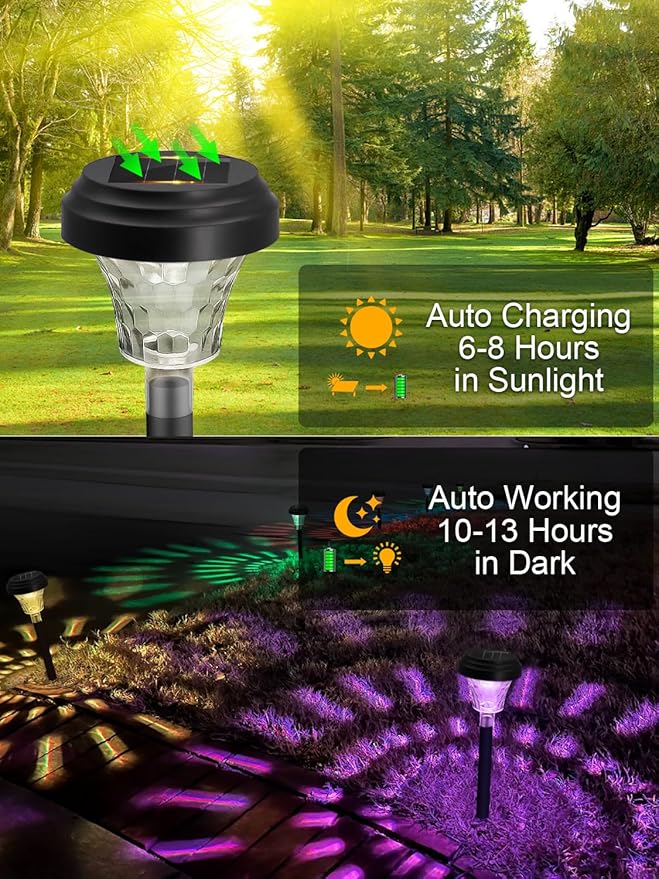 ROOR Solar Pathway Lights 8 Pack, Outdoor Solar Yard Lights, RGB Color Changing+Warm White, IP67 Waterproof for Garden Path Backyard Christmas Lawn Landscape Decorative