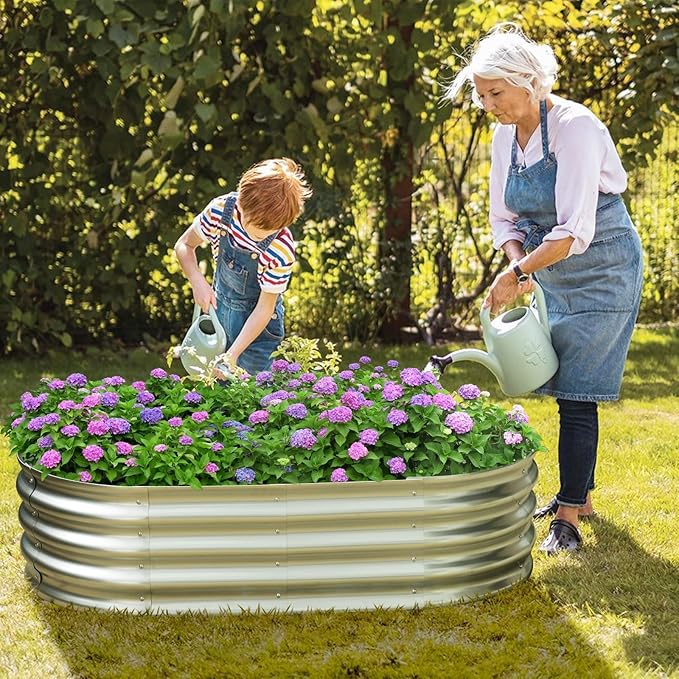 Galvanized Raised Garden Bed for Outdoor: 4X2X1ft Durable Metal Vegetable Plant Container Kit - Oval Planter Box for Gardening Flower Trough （2 Pack）