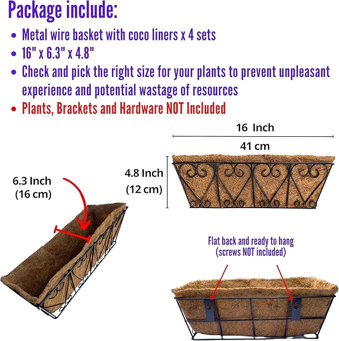 LaLaGreen Wal Planters - 4 Pack, 16 Inch Deck Railing Hanging Basket, Window Flower Boxes Outdoor Black Metal Plant Pot Holder Coco Liner Fence Planter Balcony Garden Patio Porch Farmhouse Boho Decor