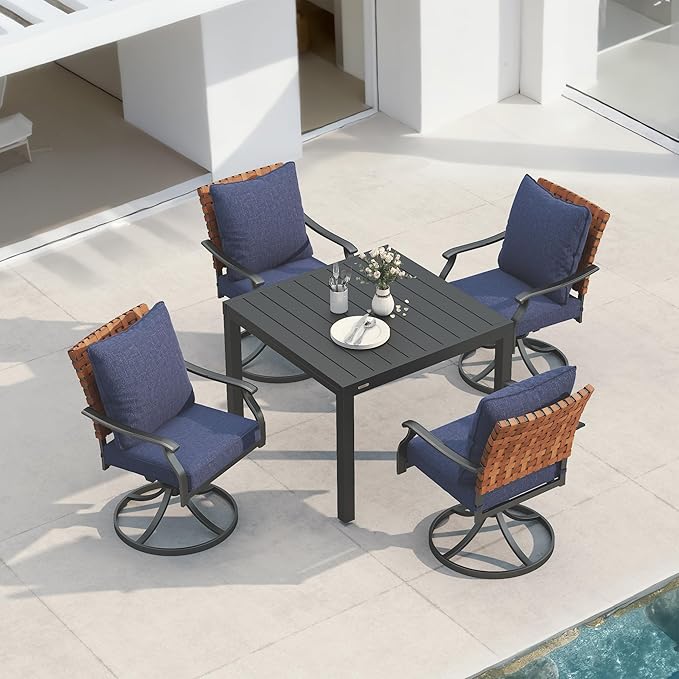 Grand patio 5-Piece Outdoor Dining Set, 4 Leather-Look Wicker Blue Swivel Patio Chairs & 1 Expandable Dining Table, Black