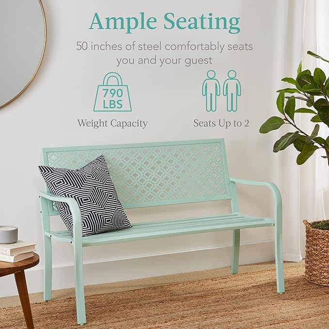 Best Choice Products Outdoor Bench 2-Person Metal Steel Benches Furniture for Garden, Patio, Porch, Entryway w/Geometric Backrest, 790lb Capacity - Mint Green