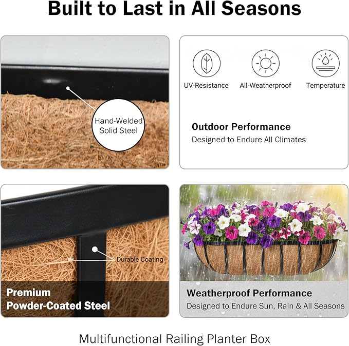 36“ Window Box Railing Planter with Coco Liner Metal Wall-Mounted Coconut Liner Planter Basket English Horse Trough Planters for Outdoor Deck Balcony Porch Fence Patio Black (2 Pack)