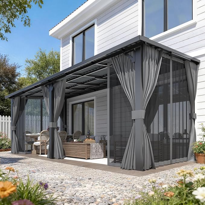 AECOJOY 20'x8' Outdoor Hardtop Metal Gazebo with Curtains and Netting for Patio, Large 8x20 Lean to Heavy Duty Wall Mounted Pergolas and Grill Gazebos Clearance, Patio Steel Roof Awnings for Decks