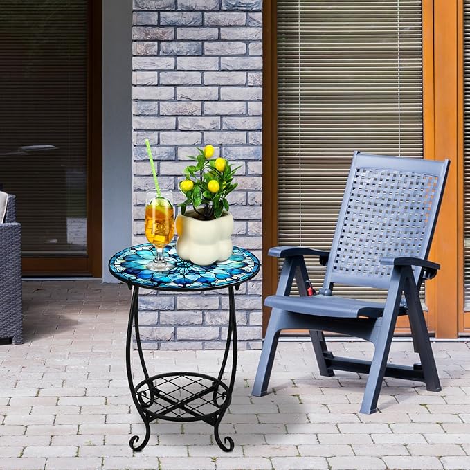 Outdoor Side Table Round Small Mosaic Patio Accent Indoor End Plant Coffee Tea Table for Yard Patio Porch Garden Living Room, Bedroom(Mandala Flower Style,14 Inch)