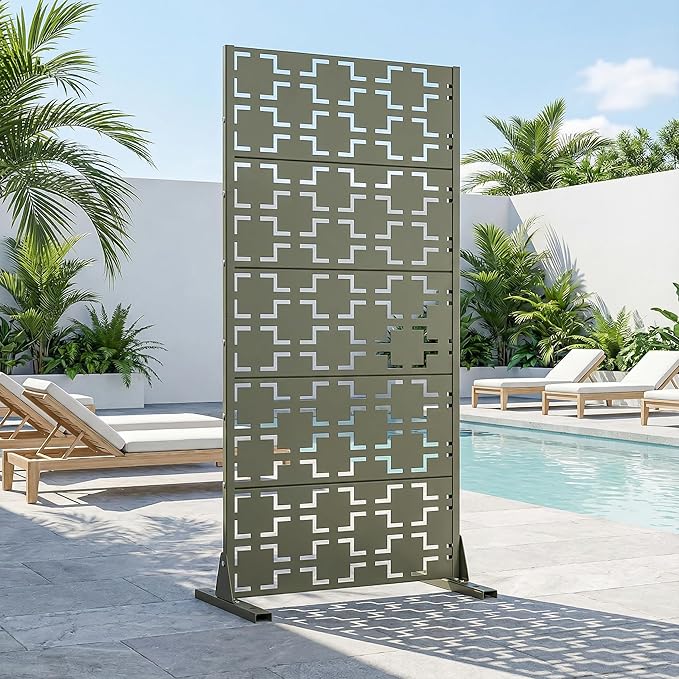 Casaphoria Metal Privacy Screen Outdoor, 60" H x 30" W Freestanding Decorative Privacy Screen for Patio Deck Balcony Garden with Stable Base, Green-Square