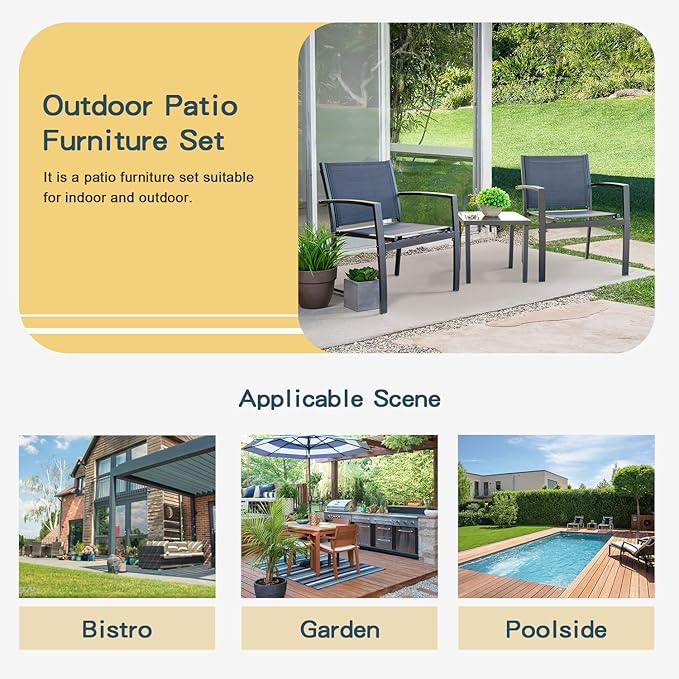 Homall 3 Pieces Patio Furniture Set Outdoor Patio Conversation Textilene Bistro Set Modern Porch Lawn Chairs with Coffee Table for Home and Balcony (Black)