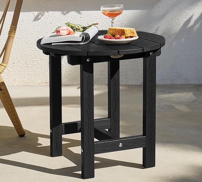 Y&M Outdoor Side Table, Waterproof Four-Legged Round Entryway End Table, Single-Tier HDPE Modern Small Coffee Nightstand for Bedroom, Living Room, Patio, Indoor or Outdoor Use, Black