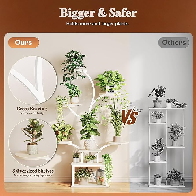 PRAISUN 51 Inch Plant Stand with Grow Lights, 8 Tiered Indoor Plant Shelf with Larger Flower Holder, Curved-tubed Design, 3 Light Modes, Corner Plant Rack for Living Room, Oak