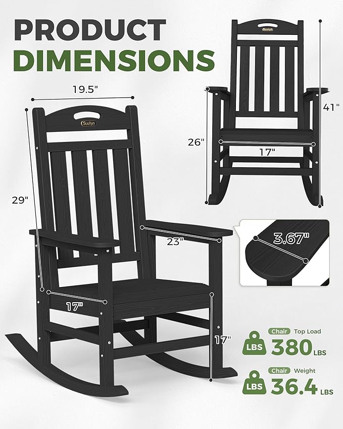 Oversized Outdoor Rocking Chairs Set of 2, High Back Porch Rocking Chair, HDPE All Weather Resistant Rocking Chairs for Patio, 380lbs Weight Capacity, Black