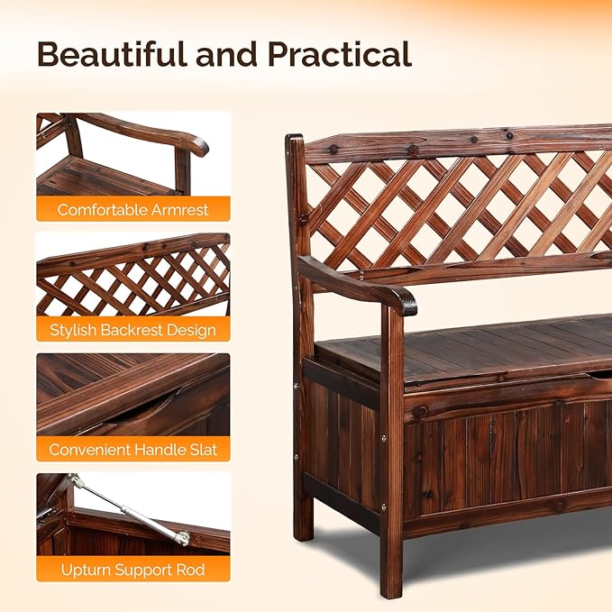 VINGLI Outdoor Storage Bench, Large Wood Deck Box with Seating, Weatherproof Outdoor Bench with Storage Loveseat, 2-Person Wooden Patio Bench for Entryway, Backyard, Garden