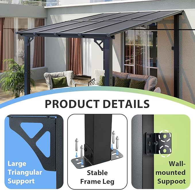 Aoxun 8'x 10' Premium Gazebo with Aluminum Top Frame & Polycarbonate Panel, Wall Mounted Gazebos Pergola, Outdoor Patio Lean to Gazebo, Awnings with Sloped Roof, for Backyard, Porch, Deck