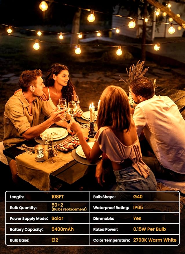 Brightown 108FT 52 LED Solar String Lights Outdoor with Remote & USB Port, Shatterproof Bulbs, Dimmable & Timable, 3 Light Modes, Patio Lights Solar Powered for Camping Backyard Garden Decor