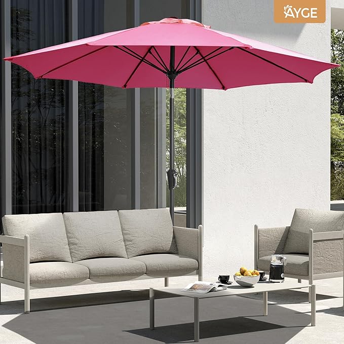 Ayge 9FT Large Outdoor Patio Umbrella Market Table Umbrella-UV Resistant, Easy Push Button Tilt and Crank, 8 Sturdy Fiberglass Ribs Heavy-Duty Pool Umbrella for Deck, Backyard,Garden,Rose Pink