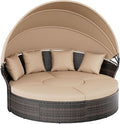 Crownland Outdoor Daybed with Retractable Canopy, Patio Round Daybed with Washable Cushions, Clamshell Sectional Seating, Wicker Furniture for Backyard, Patio, Garden, Pool (Light Brown)