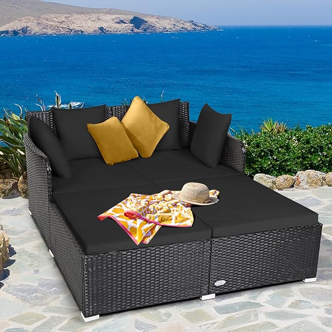 Tangkula Outdoor Rattan Daybed, Wicker Furniture with Spacious Seat, Upholstered Cushion & High-Resilience Sponge, Patio Sofa Set with 4 Pillows, 2-Person Sunbed for Poolside Backyard Garden & Balcony