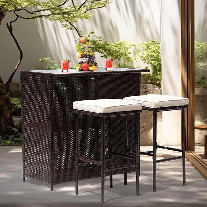 PayLessHere Rattan Bar Set 3Pcs Patio Wicker Bistro Set Sturdy Frame Bar Height Table with Glass Table Top Storage Shelves 2 Bar Stools for Patio Poolside Porch Outdoor Indoor, Khaki (Khaki)