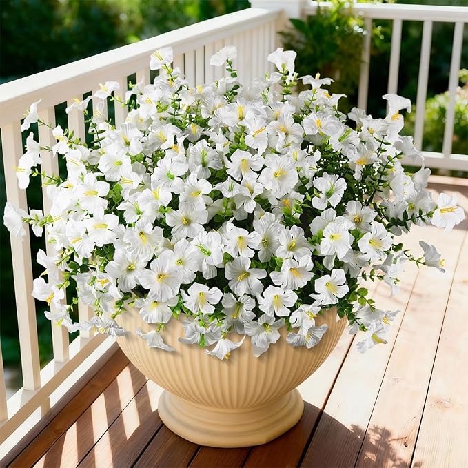INQCMY Artificial Fake Petunias Flowers for Outdoors Spring Decoration, 12 Bundles Faux Flower Plants UV Resistant White Realistic Silk Flower for Outside Planters Patio Porch Yard Window Box