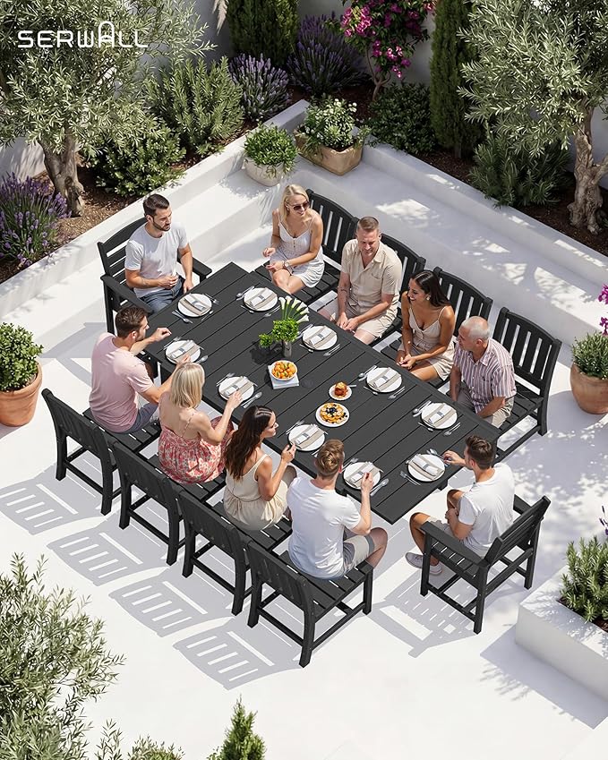 SERWALL 11-Piece Outdoor Dining Set, 60" - 83" Expandable Outdoor Dining Table and 10 HDPE Chairs, All Weather HDPE Outdoor Furniture Set for Backyard, Garden, Black
