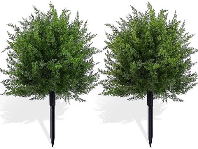 Artificial Topiary Bushes for Outdoors with Spike, Boxwood Ball Fake Shrubs UV Resistant Faux Plants for Indoor Outdoor Fall Thanksgiving Halloween Decor (Cedar Topiary Ball Trees)