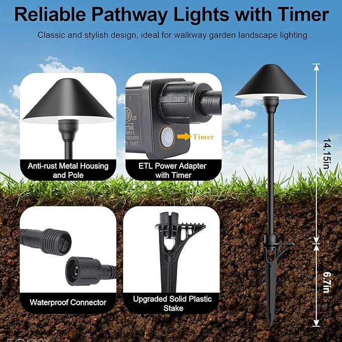 Low Voltage Pathway Lights with Timer, 4H/6H/8H Auto On/Off Low Voltage Landscape Lighting 3000K Waterproof LED Landscape Path Lights for Flower Bed Backyard Walkway Driveway, Set of 4